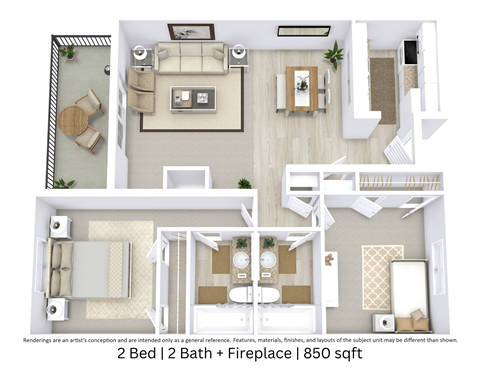 This is a 3D-floor plan providing a detailed, angled view of the space with room layouts, furniture placement, and spatial flow. Features 2 bedroom/s, 2 bathroom/s, and approximately 850 Sq. Ft